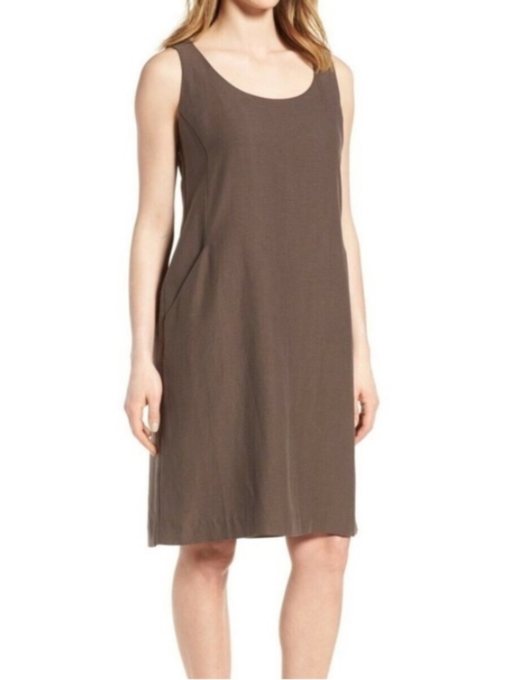 EILEEN FISHER Drapey Tencel Linen Shift Dress Sleeveless Scoop Neck Cobblestone